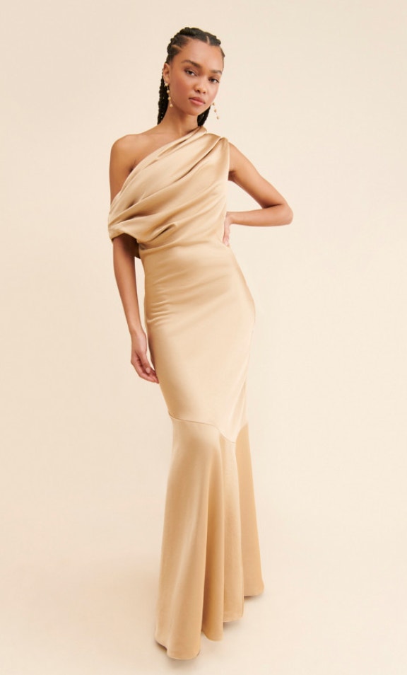 Significant Other Erika Gold Satin One Shoulder Gown